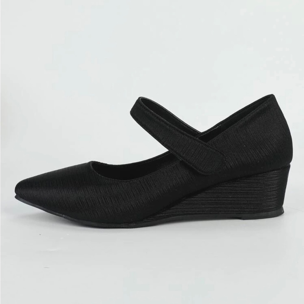 Satin Hook-and-loop Fastener Point Toe Wedge Mary Jane Shoes